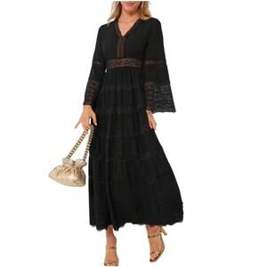 Hyacinth House Size Medium NEW Lydia V Neck Black Lace Tiered Boho Maxi Dress
